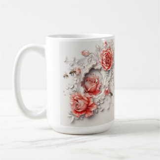 Elegante 3D-Rose, Bienen und botanische Schönheit Kaffeetasse