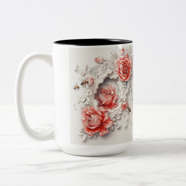 Elegante 3D-Rose, Bienen und botanische Schönheit Zweifarbige Tasse (Links)