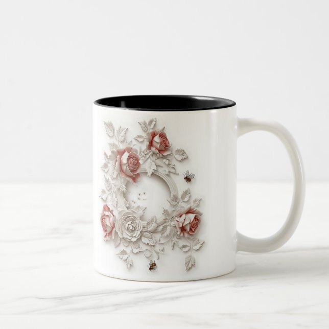 Elegante 3D-Rose, Bienen und botanische Schönheit Zweifarbige Tasse (Rechts)