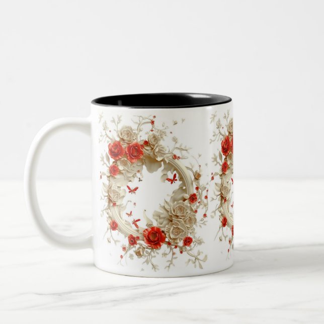 Elegante 3D-Rose, Bienen und botanische Schönheit Zweifarbige Tasse (Links)