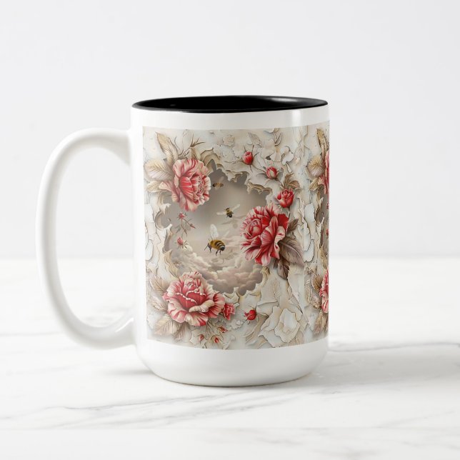 Elegante 3D-Rose, Bienen und botanische Schönheit Zweifarbige Tasse (Links)