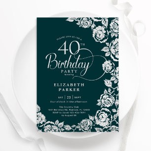 Elegante 40. Geburtstag Smaragdgrüne Silberne Rose Einladung