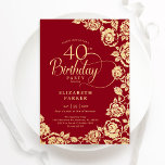 Elegante 40. GeburtstagsRed-Gold-Rose Einladung<br><div class="desc">Rotes Gold florale 40. Geburtstag Party Einladung. Elegantes Design mit Rose,  Imitaten Goldfolie und Typografie Script Schriftart. Die trendige Einladungskarte eignet sich perfekt für eine stilvolle Damenfeier. Kann für jedes Alter angepasst werden. Personalisieren Sie Ihre persönlichen Daten. Gedruckte Zazzle-Einladungen oder Sofortdownload digitaler Druckvorlage.</div>