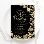 Elegante 50. Geburtstags Black Gold Rose Einladung<br><div class="desc">Schwarzes Gold Blumenladen 50. Geburtstagsfeier Einladung. Elegantes Design mit Rose,  Imitaten Goldfolie und Typografie Script Schriftart. Die trendige Einladungskarte eignet sich perfekt für eine stilvolle Damenfeier. Kann für jedes Alter angepasst werden. Personalisieren Sie Ihre persönlichen Daten. Gedruckte Zazzle-Einladungen oder Sofortdownload digitaler Druckvorlage.</div>