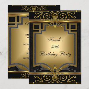 Elegante 50. Geburtstagsfeier Gold Schwarz Art Dec Einladung