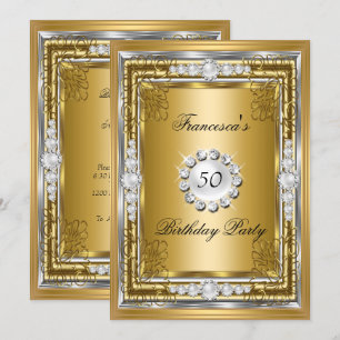 Elegante 50. Geburtstagsfeier Gold Silber Diamante Einladung