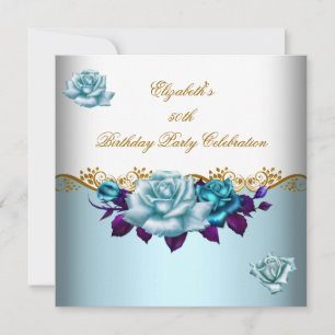 Elegante 50. Geburtstagsfeier Goldblaue Rosen Einladung