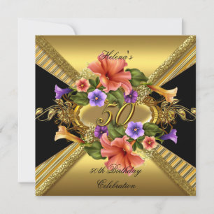 Elegante 50. Geburtstagsfeier Petunien Gold Schwar Einladung