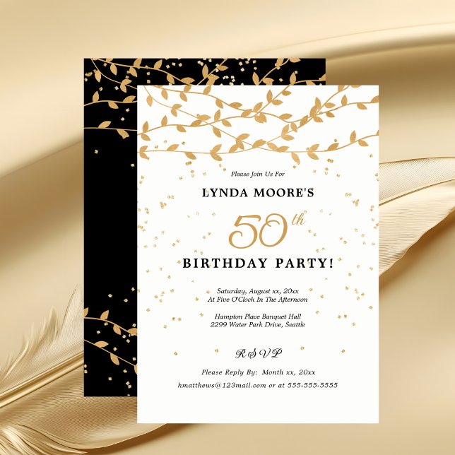 Elegante 50. Geburtstagsparty Gold Blätter Einladung (Elegant 50th Birthday Party Gold Leaves Invitation)