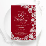Elegante 60. Geburtstag Rote Silber Rose Einladung<br><div class="desc">Rot silber florale 60. Geburtstagsfeier Einladung. Elegantes Design mit Rose,  Imitaten silberne Folie und Typografie Script Schriftart. Die trendige Einladungskarte eignet sich perfekt für eine stilvolle Damenfeier. Kann für jedes Alter angepasst werden. Personalisieren Sie Ihre persönlichen Daten. Gedruckte Zazzle-Einladungen oder Sofortdownload digitaler Druckvorlage.</div>