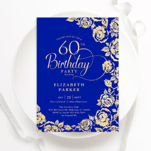 Elegante 60. Geburtstag Royal Blue Gold Rose Einladung