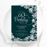 Elegante 60. Geburtstag Smaragdgrüne Silber-Rose Einladung<br><div class="desc">Smaragdgrün silber florale 60. Geburtstagsfeier Einladung. Elegantes Design mit Rose,  Imitaten silberne Folie und Typografie Script Schriftart. Die trendige Einladungskarte eignet sich perfekt für eine stilvolle Damenfeier. Kann für jedes Alter angepasst werden. Personalisieren Sie Ihre persönlichen Daten. Gedruckte Zazzle-Einladungen oder Sofortdownload digitaler Druckvorlage.</div>