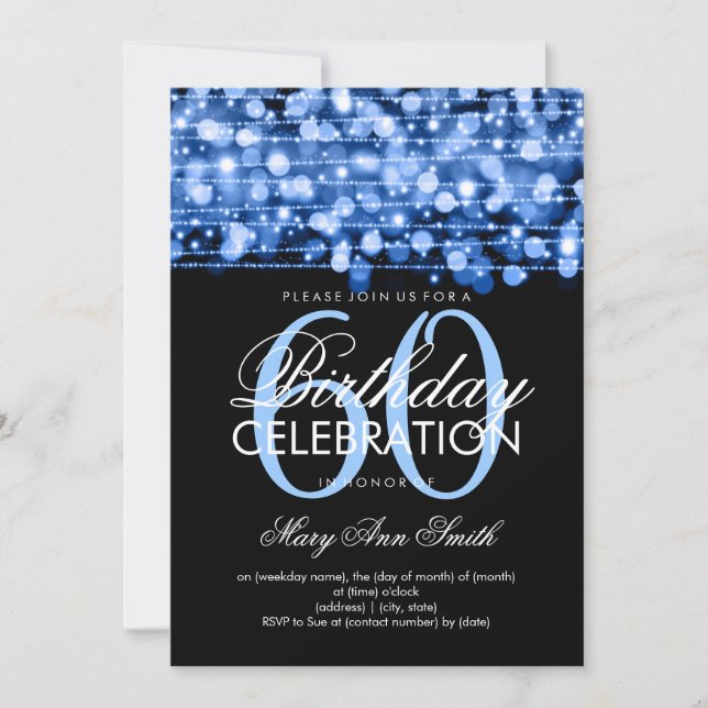 Elegante 60. Geburtstagsparty Glitzern Blue Einladung (Vorderseite)