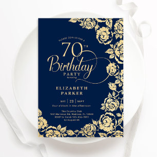 Elegante 70. Geburtstags-Navy-Gold-Rose Einladung