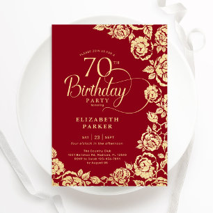 Elegante 70. GeburtstagsRed-Gold-Rose Einladung