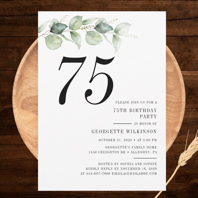 Elegante 75. Geburtstagsparty Einladung (Elegant Eucalyptus Minimalist 75th Birthday Party Invitation)