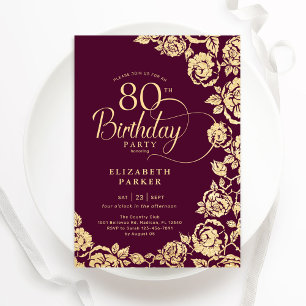 Elegante 80. Geburtstag Burgund Gold Rose Einladung