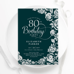 Elegante 80. Geburtstag Emerald Green Silver Rose Einladung