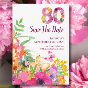 Elegante 80. Geburtstags-Pink-Schmetterlingsblumen Save The Date