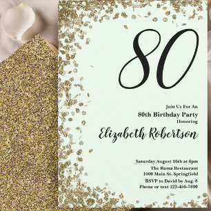 Elegante 80. Geburtstagseinladung grün-gold glänze Einladung