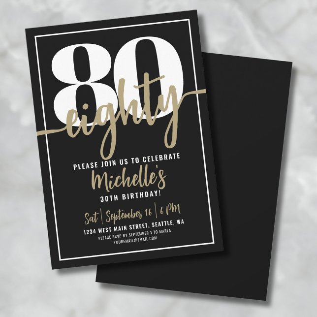 Elegante 80 Gold 80. Geburtstagsparty Einladung (Black Gold 80th Birthday Party Invitation)