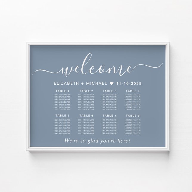 Elegante 8 Table Dusty Blue Wedding Seating Chart Poster (Von Creator hochgeladen)