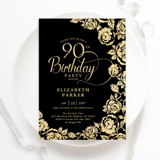 Elegante 90. Geburtstags Black Gold Rose Einladung