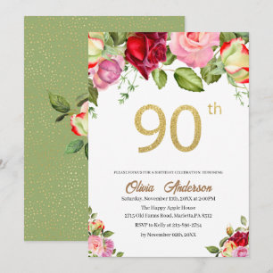 Elegante 90. Geburtstagsfeier Wasserfarbe Glitter Einladung