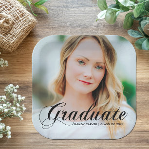 Elegante Abschlussfoto-Schwarze Schrift-Overlay-Pa Pappteller