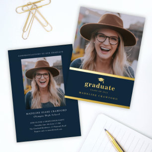 Elegante Abschlussfotos in Navyblau und Gold Folieneinladung
