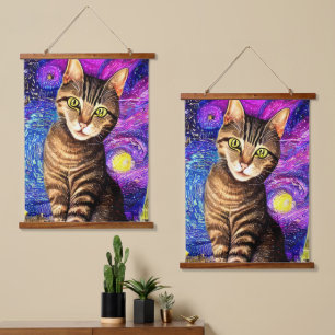 Elegante Abstrakte Airbrush-Katze Wandteppich Mit Holzrahmen