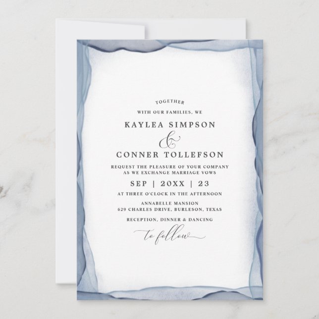 Elegante Abstrakte Dusty Blue Wedding Watercolor Einladung (Vorderseite)