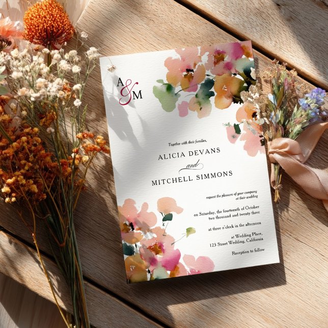 Elegante Abstrakte Herbstblumenmonografie Einladung (Elegant Abstract Autumn Floral Monogram Wedding Invitation)