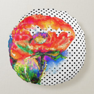 Elegante abstrakte rote florale Wasserfarbe-Polka- Rundes Kissen