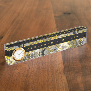 Elegante Abstrakte Schwarz-Gelb-Blume Uhr Namensplakette