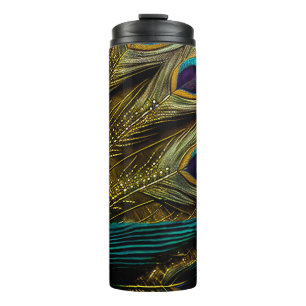 Elegante abstrakte Türkis Blau Gold Pfauenfedern   Thermosbecher