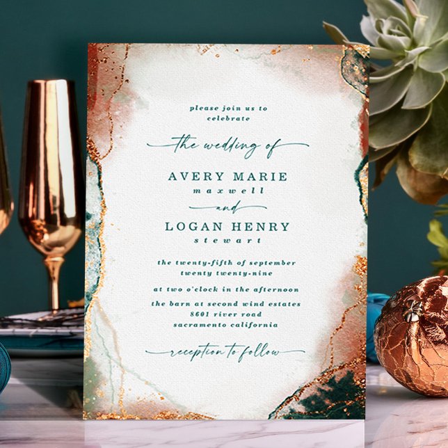 Elegante Abstrakte Wasserfarbe Aquamarin & Kupfer  Einladung (Teal and Copper Abstract Wedding Invitations)