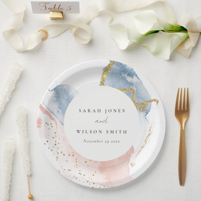 Elegante Abstrakte Wasserfarbe Gold Rosa Blaue Hoc Pappteller (Hochzeit)