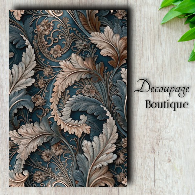 Elegante Acanthus Leaf Tea/Taupe Barockmusik Seidenpapier (Elegant Acanthus Leaf Teal and Taupe Baroque Design Decoupage Tissue Paper)