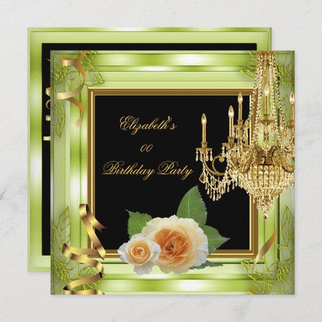 Elegante Add Age Birthday Green Gold Rose Einladung (Vorne/Hinten)