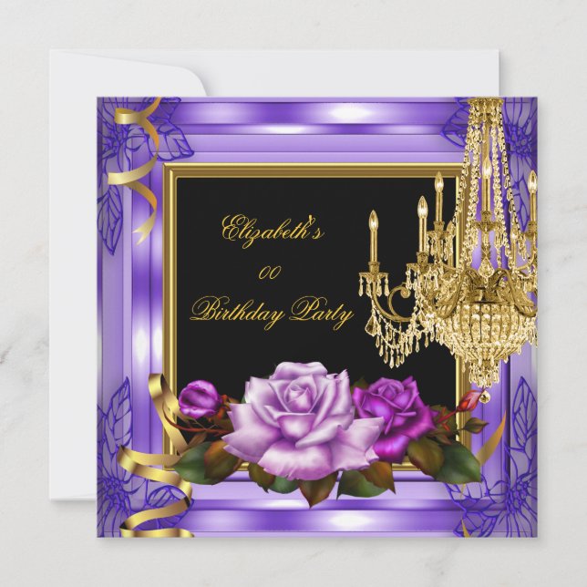 Elegante Add Age Birthday Lila Gold Rose Einladung (Vorderseite)