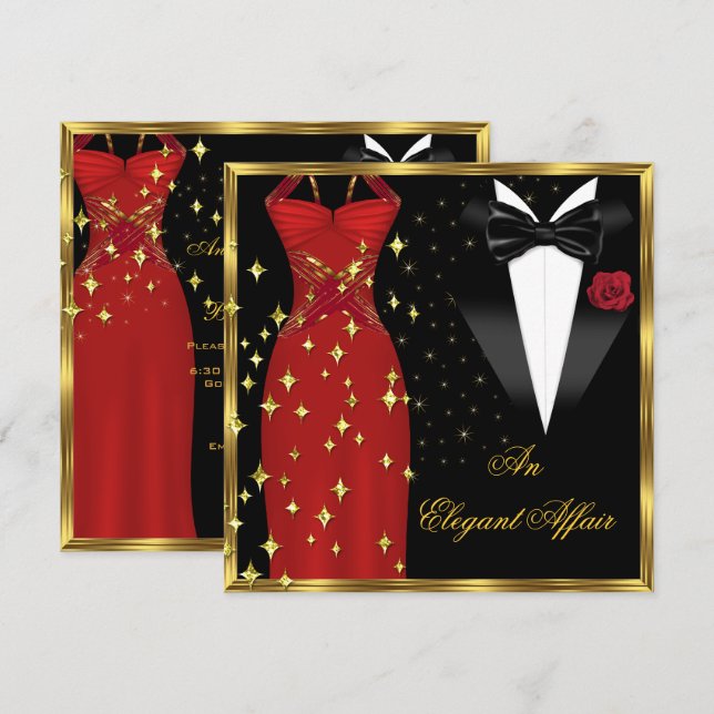 Elegante Affair Red Dress Black Krawatte Gold Gebu Einladung (Vorne/Hinten)