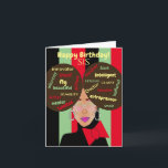 Elegante African American Sister Birthday Card Karte<br><div class="desc">Diese einzigartige Geburtstagskarte zeigt ein afrikanisches amerikanisches Mädchen mit zwei Afro Puffs und Wortkunst. Schicken Sie Ihrer Schwester eine herzliche Karte,  die genau das ausdrückt,  was Sie gewollt haben zu sagen.</div>