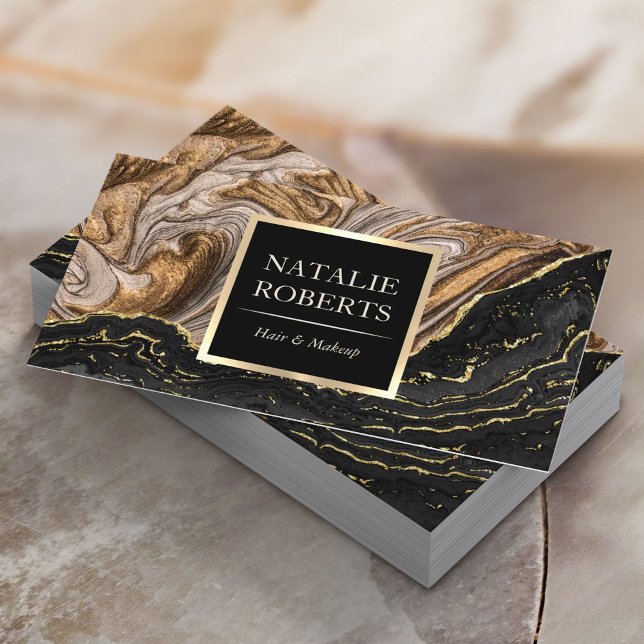 Elegante Agate Black & Gold Marble Beauty Salon Bu Visitenkarte (Von Creator hochgeladen)