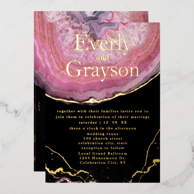Elegante Agate Blush Pink & Gold Hochzeit Folieneinladung (Vorderseite/Rückseite)