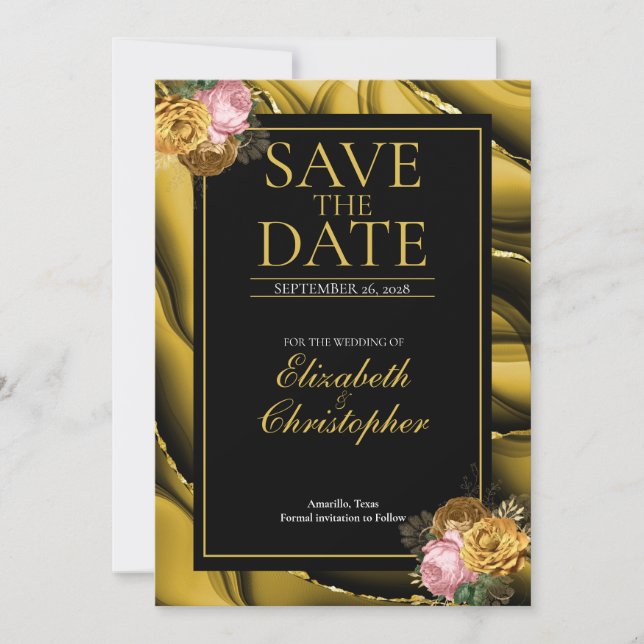Elegante Agate Gold Black Floral Wedding Save The Date (Vorderseite)