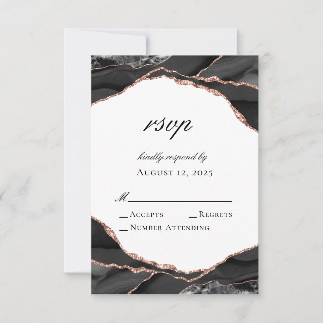 Elegante Agate Schwarz-weiß Rose Gold Wedding RSVP Karte (Vorderseite)