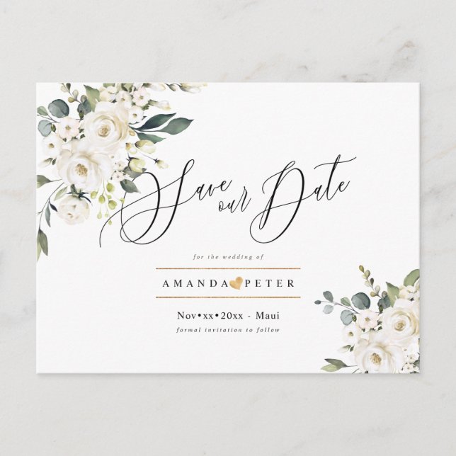 Elegante Alabaster-Rose Save the Date Postkarte (Vorderseite)