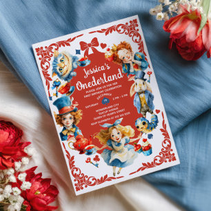 Elegante Alice in ONEDERLAND Süße 1. Geburtstagsfe Einladung