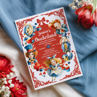 Elegante Alice in ONEDERLAND Süße 1. Geburtstagsfe Einladung